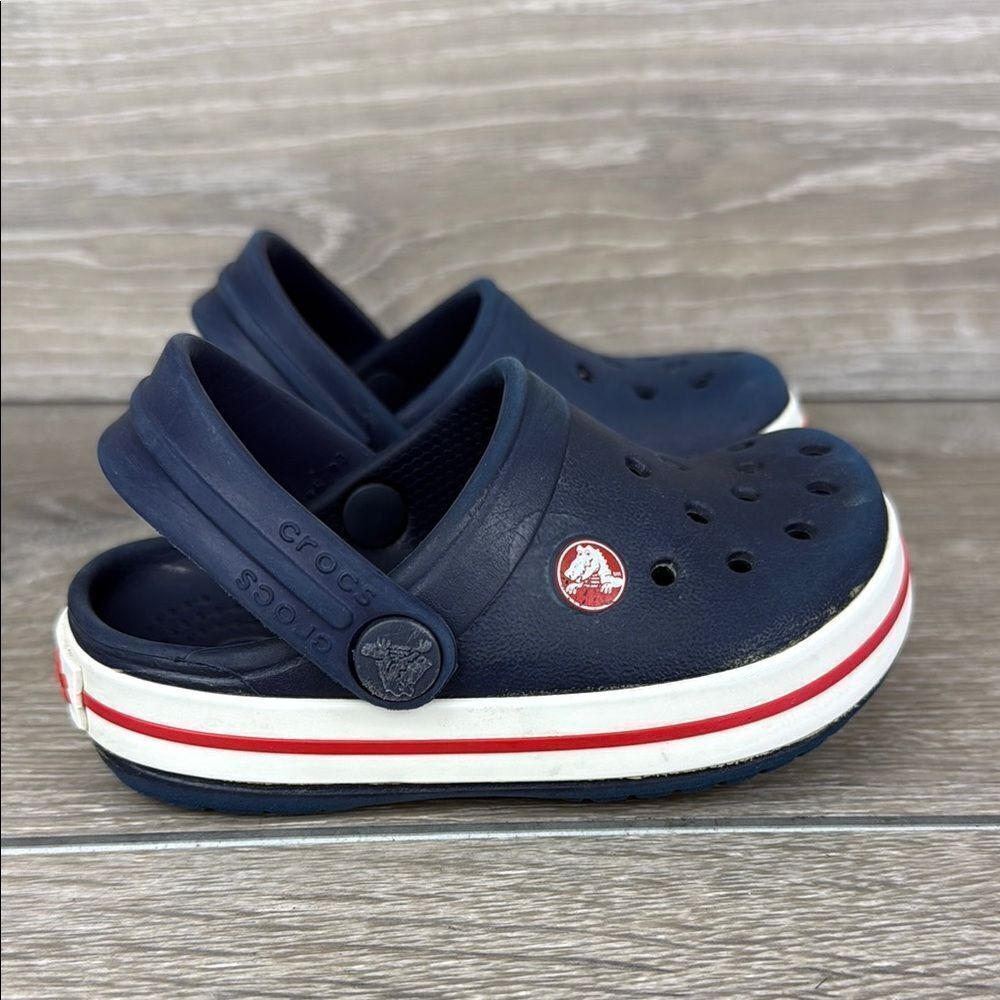 CROCS Kids Navy Blue and White Clogs with Red Stripe